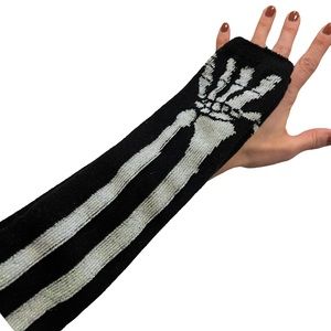 AMERICAN EAGLE Glow in the Dark Skeleton Fingerless Gloves Black Metallic Silver